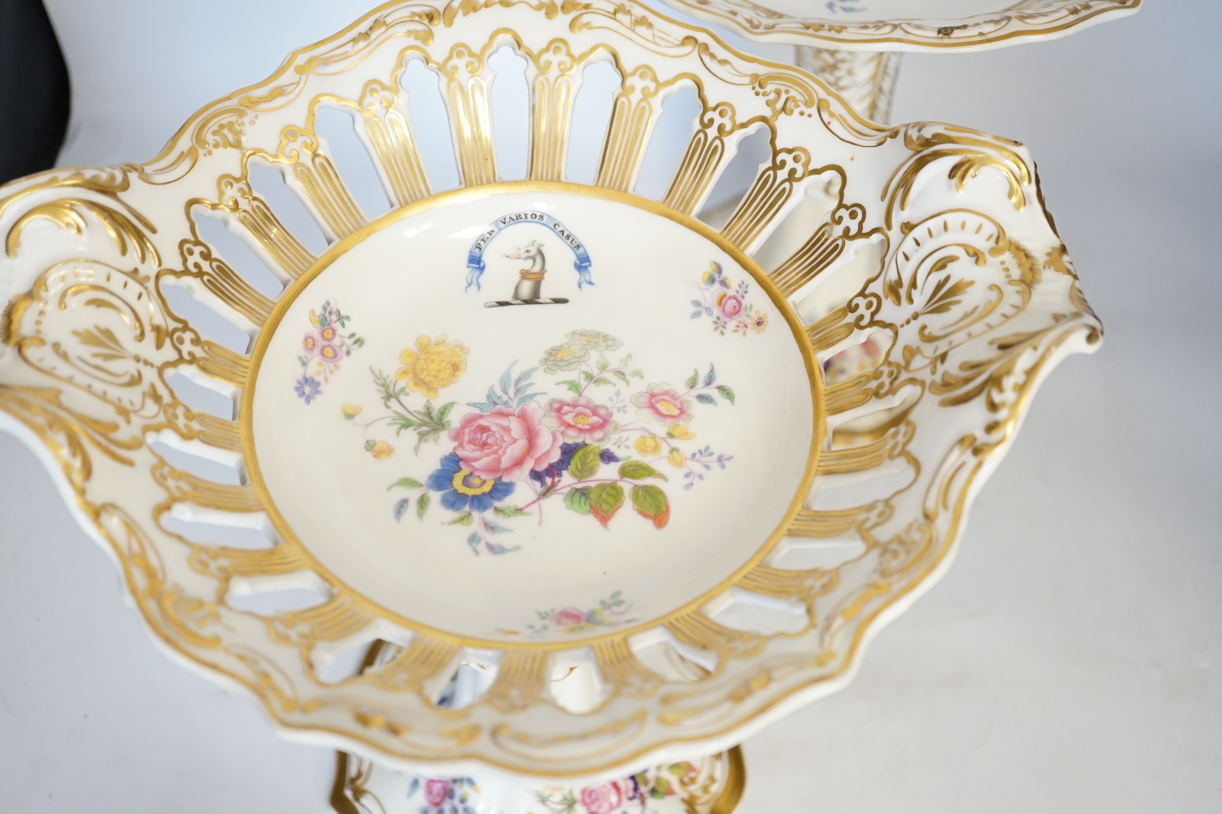 A pair of Copeland & Garrett porcelain crested comports in two parts, c.1840, 33cm. Condition - poor to fair